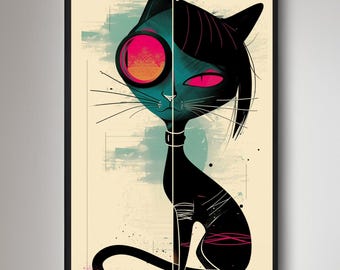 Biker Katze: Rebellisch Feline Vibe Poster, Digital Illustration Print, druckbare Wandkunst, Sofort Download