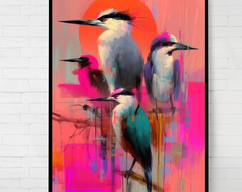 Modern Birds Art Print: Abstract Neon Colors, Vivid Illustration (Digital Download)