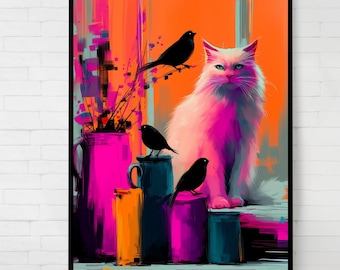 Neon Cat Art Print: Surreal Pop Art Poster (Digital Download
