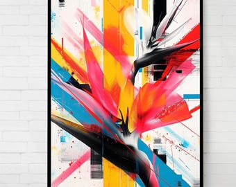 Lámina artística abstracta de Ave del Paraíso: Floración Eléctrica, Decoración de Pared Moderna (Descarga Digital)