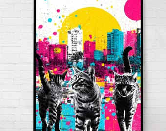 Urban Pop Art Cat Poster: Colorful Cityscape (Digital Download, PDF)