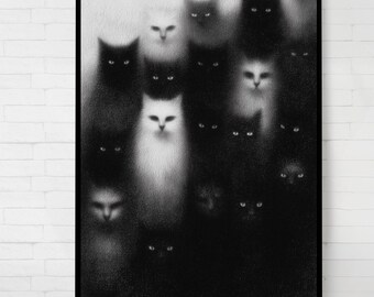 Mystical Black and White Cats – Surreal Art Print Poster- Printable Wall Art, Instant Download,