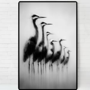 Black and White Heron Silhouette Poster, Digital illustration Print, Printable Wall Art, Instant Download,