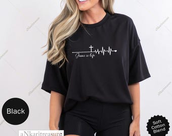 Jesus Is Life Comfort Colors Shirt, Minimalist EKG Cross Tee, Christian Faith Gift