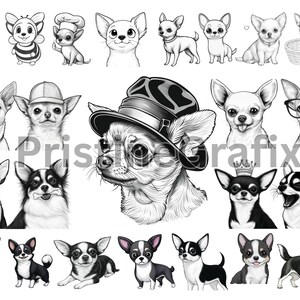 Paquete de 235 imágenes prediseñadas de chihuahuas en blanco y negro para amantes de los perros: arte lineal, siluetas, dibujos animados, pegatinas PNG, para manualidades y sublimaciones.