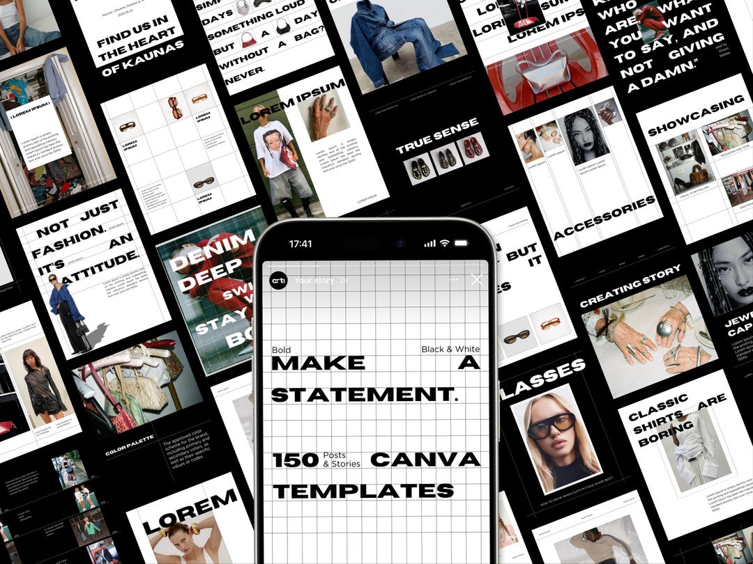 150 Bold Instagram Templates Canva | Black & White Modern Fashion Posts ...