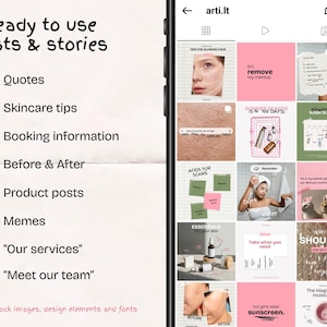 May include: A smartphone displays a social media feed with skincare tips, quotes, and product posts. The feed includes images with text like "Ready to use posts & stories" and "sunscreen."