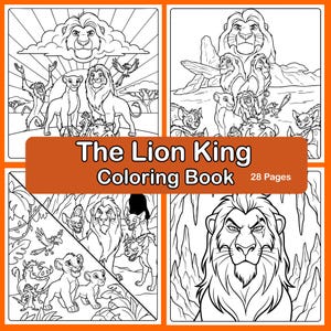 Può includere: Un libro da colorare con scene e personaggi de Il Re Leone della Disney. La copertina è arancione con il titolo "The Lion King Coloring Book" e il testo "28 Pages". Il libro contiene illustrazioni in bianco e nero di Simba, Mufasa e altri personaggi.