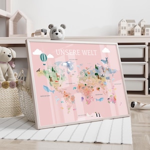 Affiche murale « Carte du monde » Carte du monde avec capitales à l'aquarelle pour enfants en allemand - rose / sans cadre