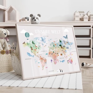 Quadro da parete "Mappa del mondo" Mappa del mondo con capitali in acquerello per bambini in tedesco - rosa chiaro / senza cornice