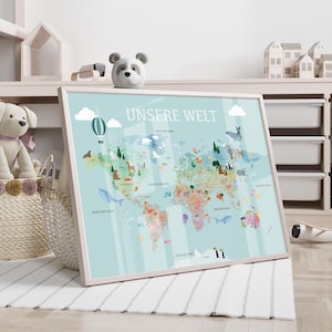 Tableau mural « Carte du monde » Carte du monde avec capitales à l'aquarelle pour enfants en allemand - Bleu / sans cadre