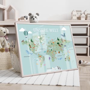 Tableau mural « Carte du monde » Carte du monde avec capitales pour enfants en allemand - Bleu / sans cadre