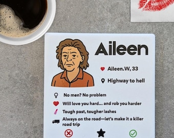 Posavasos con el perfil de citas de Aileen Wuornos: regalo divertido de crímenes reales / posavasos de humor negro / parodia de asesina en serie femenina / artículos de Murderino