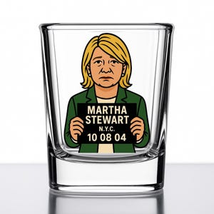 Martha Stewart Shot Glass – Funny Cartoon Mugshot Gift – Domestic Diva Barware – Celebrity Collectible – Mug Shotz Series – UV DTF Glass