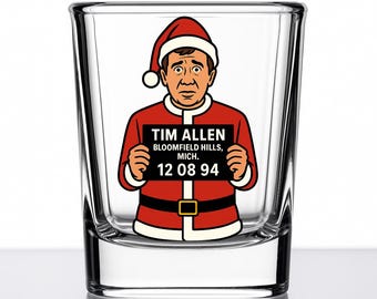 Vaso de chupito de Papá Noel de Tim Allen – Divertido regalo de foto policial con dibujos animados – Artículos de bar navideños – Colección navideña – Serie Mug Shotz – Cristalería UV DTF