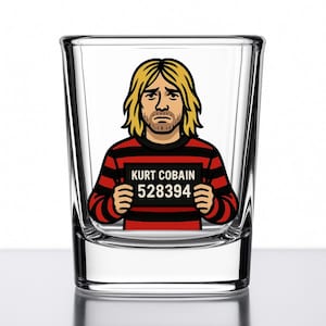 Kurt Cobain Shot Glass – Funny Cartoon Mugshot Gift – Grunge Music Collectible – Nirvana Barware – Mug Shotz Series – UV DTF Glass