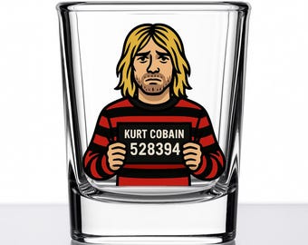 Vaso de chupito de Kurt Cobain – Regalo divertido de foto policial con caricatura – Colección de música grunge – Artículos de bar de Nirvana – Serie Mug Shotz – Vidrio UV DTF