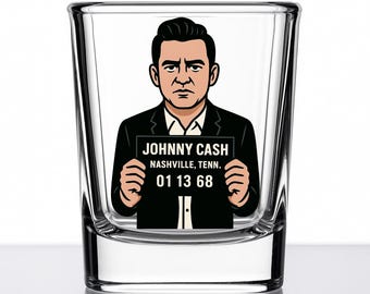 Vaso de chupito de Johnny Cash – Divertido regalo de foto policial de caricatura – Artículos de bar de Hombre de Negro – Colección de música country – Serie Mug Shotz – Vidrio UV DTF