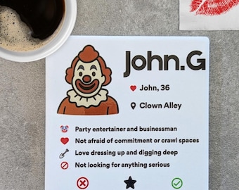 Posavasos con el perfil de citas de John Wayne Gacy: regalo divertido de crímenes reales, parodia de payaso asesino, artículos para beber con humor negro y un regalo de asesino.