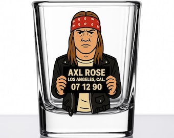 Vaso de chupito de Axl Rose – Regalo de foto policial de dibujos animados – Artículos de bar de Guns N’ Roses – Coleccionable de rock and roll – Serie Mug Shotz – Vidrio UV DTF