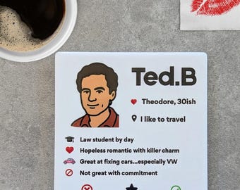 Posavasos con el perfil de citas de Ted Bundy: regalo divertido de crímenes reales / posavasos de humor negro / parodia de asesino en serie / artículos de Murderino - Theodore