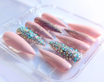 Rhinestone Press On Nails – Blush Pink Glitter Stiletto Set, Champagne Blush, Handmade, Reusable