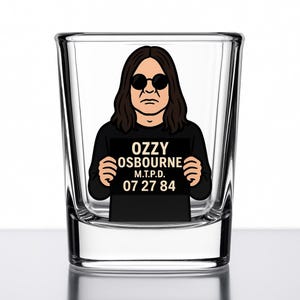Ozzy Osbourne Shot Glass – Funny Cartoon Mugshot Gift – Rock Legend Barware – Quirky Celebrity Collectible – Mug Shotz Series – UV DTF Print