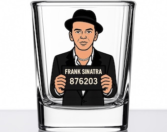 Vaso de chupito de Frank Sinatra – Regalo divertido de foto policial de dibujos animados – Artículos de bar Rat Pack – Colección vintage de cantantes – Serie Mug Shotz – Vidrio UV DTF