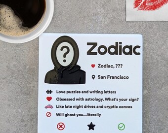 Posavasos con perfil de citas de Asesino del Zodíaco: Regalo divertido de crimen real / Posavasos de parodia misteriosa / Artículos para beber con humor negro / Merchandising de Murderino