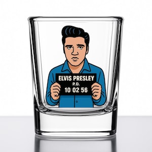 Elvis Presley Shot Glass – Cartoon Mugshot Gift – Rock &#39;n&#39; Roll Novelty Barware – King of Rock Collectible – Mug Shotz Series – UV DTF Glass