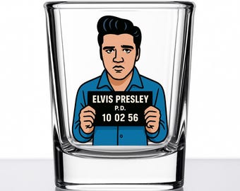 Vaso de chupito de Elvis Presley – Regalo de foto policial de dibujos animados – Artículos de bar novedosos de rock and roll – Colección King of Rock – Serie Mug Shotz – Vidrio UV DTF