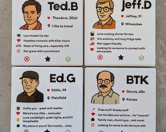 Posavasos con perfil de citas de asesinos en serie: regalos divertidos de crímenes reales / Elige a tu asesino / Decoración del hogar de Murderino / Juego de posavasos de parodia