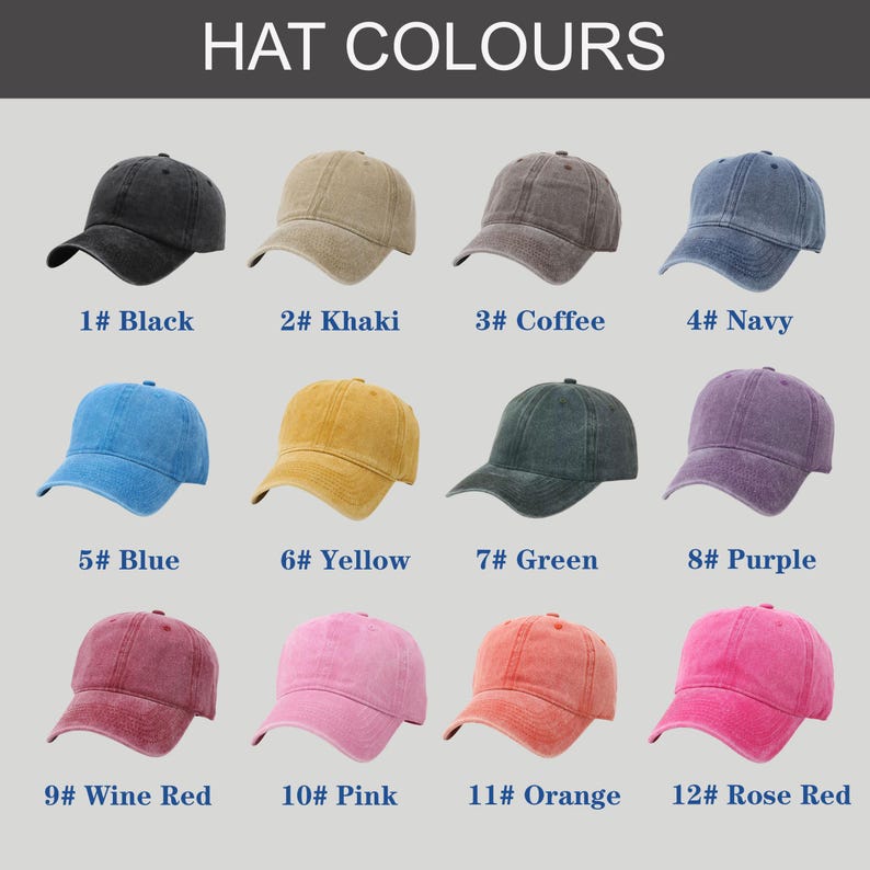 May include: A collection of twelve baseball caps in various colors, including black, khaki, coffee, navy, blue, yellow, green, purple, wine red, pink, orange, and rose red. The text "HAT COLOURS" is at the top.