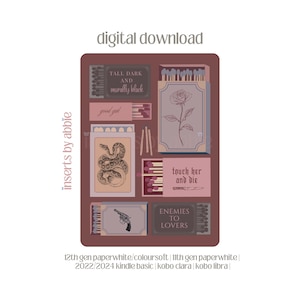 Puede incluir: Una descarga digital con cajas de cerillas que muestran ilustraciones de una rosa, una serpiente, un revólver y textos como "TALL DARK AND morally black", "good girl", "touch her and die" y "ENEMIES TO LOVERS" sobre un fondo rojo oscuro.