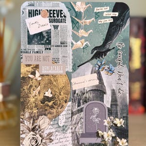May include: A rectangular collage with newspaper clippings, illustrations, and text. The collage features a gold-toned circle with flying doves, a castle illustration, and origami cranes. Text includes "Yours, Draco", "You are not replaceable", and "Be careful. Don't die."