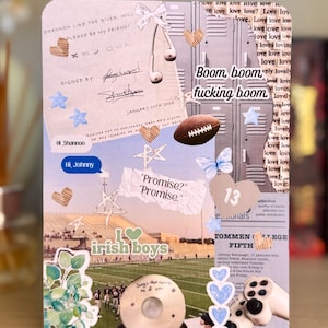 May include: A decorative collage featuring a football, hearts, and text fragments. The text includes phrases like "Boom boom fucking boom" and "Irish Boys." The collage has a vintage aesthetic with handwritten notes and star accents.