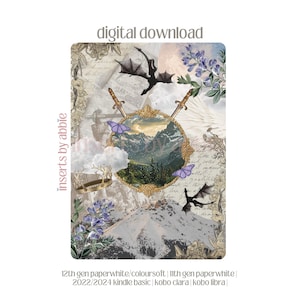 May include: Digital download featuring a fantasy-themed design. The image includes a mountain landscape within a gold frame, dragons, swords, and butterflies. Text includes "inserts by abbie" and "digital download".