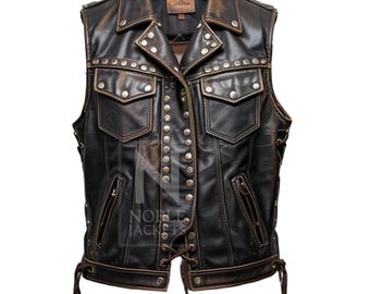 Chaleco motero de cuero auténtico con tachuelas para hombre: estilo rockero vintage con cremalleras y broches.