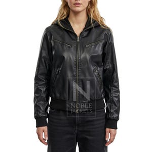 Women&#39;s Black Bomber Hooded Leather Jacket – Women Black Biker / Motorcycle Jacket - Stylish Zip-Up Outerwear