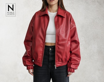 90s Vintage Oversized Red Leather Bomber Jacket for Women Relax