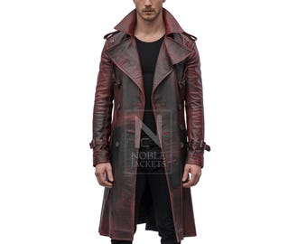 Men’s Maroon Black Gothic Long Trench Coat in Real Leather - Vintage Style Overcoat