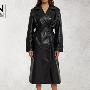 Women&#39;s Black Leather Trench Coat | Long Double Breasted Jacket | Classic Belted Winter Coat