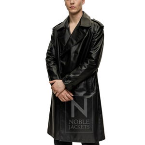 Men&#39;s Long Black Leather Trench Coat – Double-Breasted Classic Overcoat