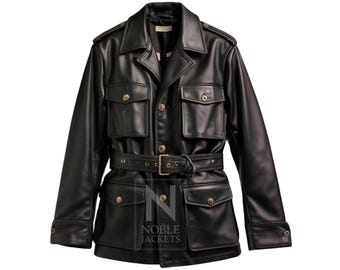 Chaqueta de campo de cuero negra para hombre, estilo militar, con cinturón.