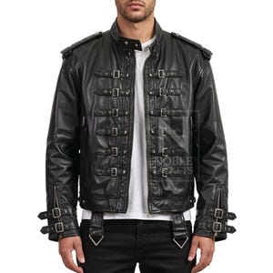 Men&#39;s Black Leather Buckle Biker Jacket - Military Gothic Style - Halloween Jacket