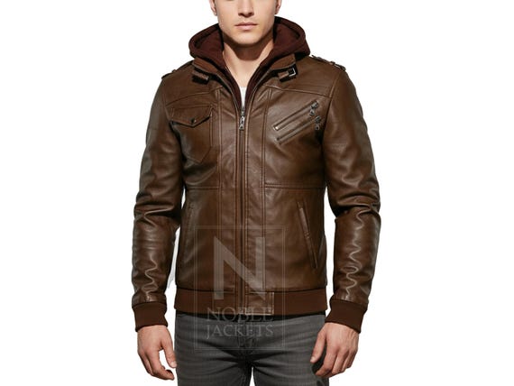 Men’s Brown Leather Bomber Jacket with Removable Hood | Stylish Moto Biker Jacket | Casual Winter Outerwear for Men