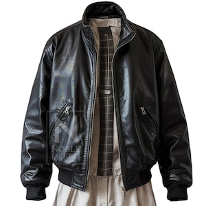 Classic Black Leather Bomber Jacket With Ribbed Cuffs Zipper