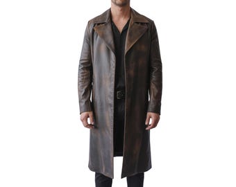Men's Brown Distressed Leather Overcoat - Vintage Classic Trench Leather Coat