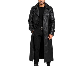 Herr svart lädertrenchcoat - Lång äkta läderöverrock Klassisk vinterjacka
