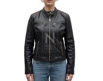 Women's Black Leather Biker Jacket –  Moto Style Slim Fit Jacket